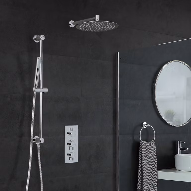 Set Doccia Termostatica Mirage con Miscelatore, Soffione Rain 300 mm, Asta Saliscendi e Doccetta in Ottone Cromato