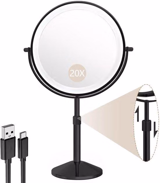 Specchio cosmetico con illuminazione da 8", specchio con illuminazione e ingrandimento 20x, specchio con illuminazione regolabile in altezza per la doccia, specchio cosmetico girevole a 360° con ingrandimento per i dettagli.