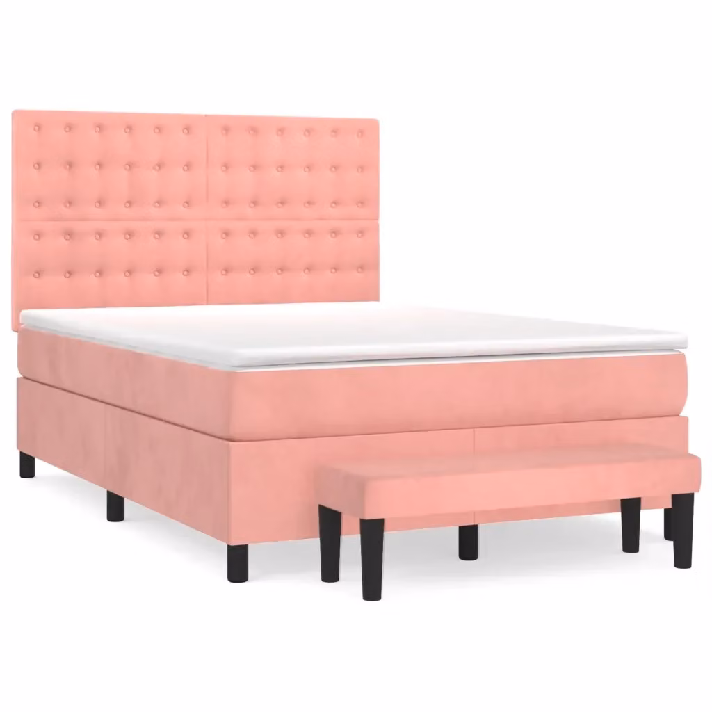 Letto con Giroletto a Molle e Materasso Ibrido vidaXL in Velluto Rosa e Bianco L/P/H: 190 x 140 x 128 cm – 2