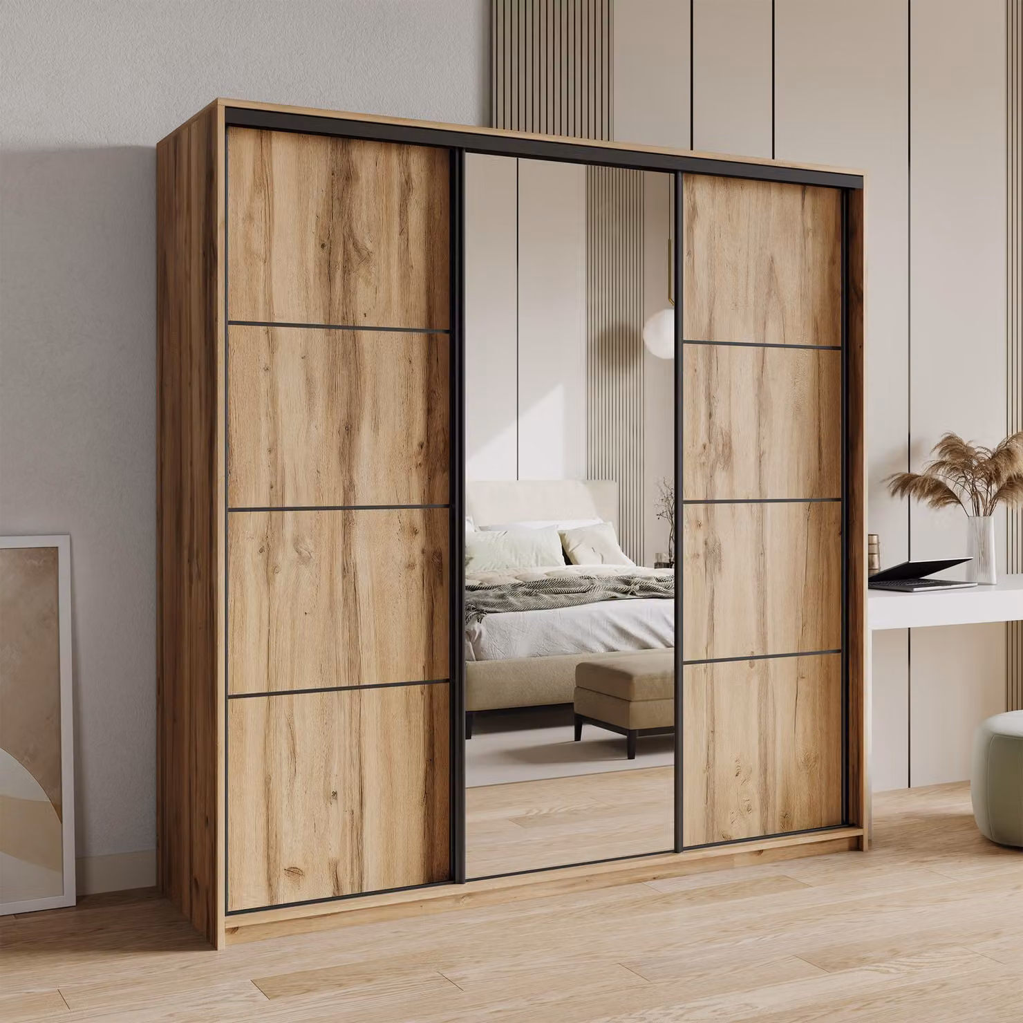 Masseno Armadio con ante scorrevoli VARO 180/205/60 cm Armadio con 4 cassetti Armadio per camera da letto a 3 ante con specchio Rovere Wotan