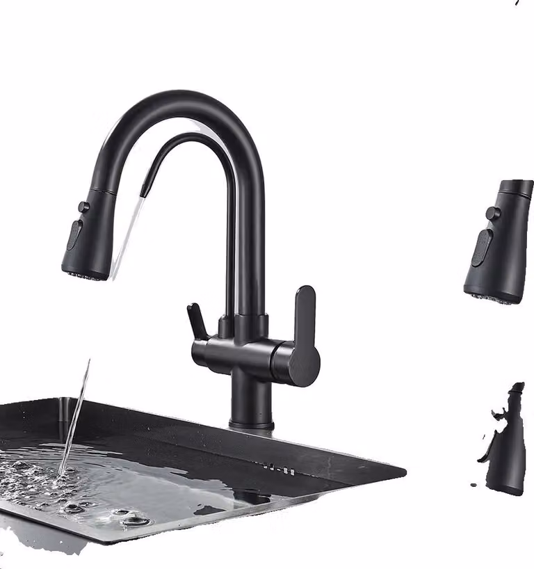 Rubinetto da cucina, bocca estraibile, doppia maniglia, nero opaco