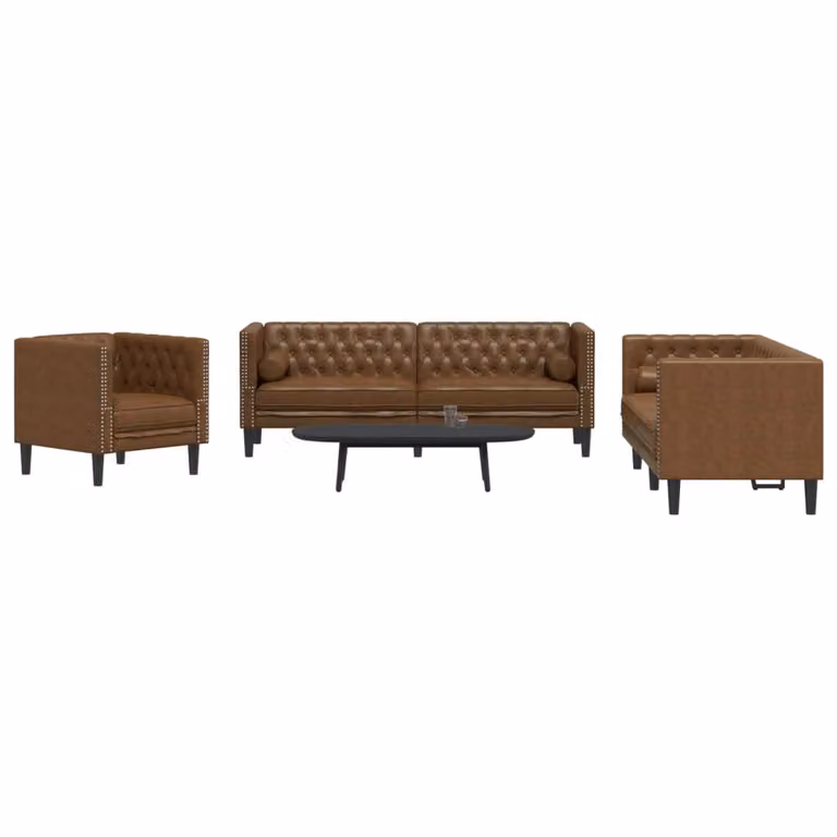 Set di divani Chesterfield vidaXL da 3 pezzi in similpelle marrone con cuscini coordinati