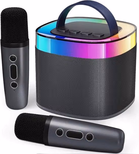 Karaoke con Bluetooth - Microfono e Speaker con 3 Altoparlanti Integrati, 2 Microfoni e Illuminazione LED per Feste (Nero)