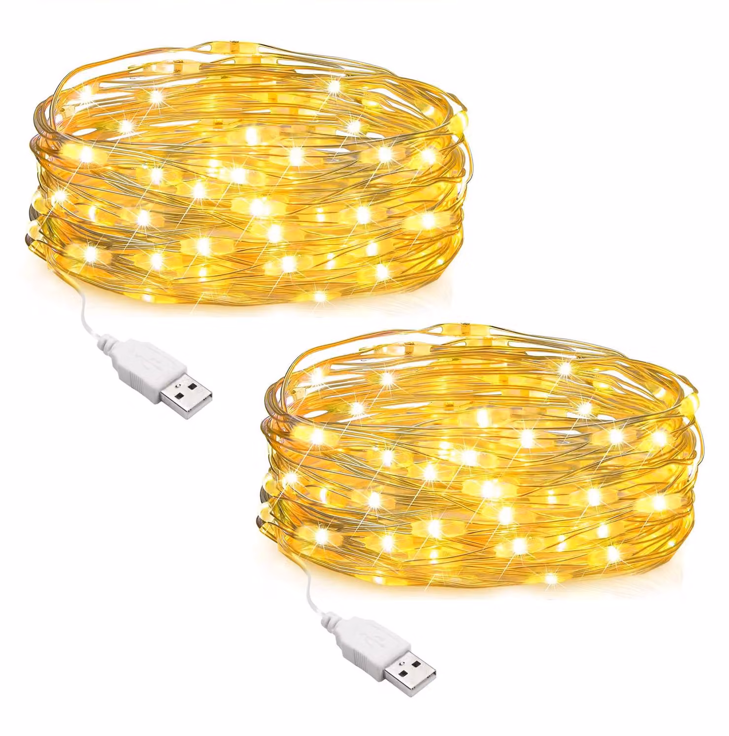 Catena luminosa a LED, 10 metri, 100 LED, alimentazione USB, luce bianco caldo, confezione da 2 pezzi
