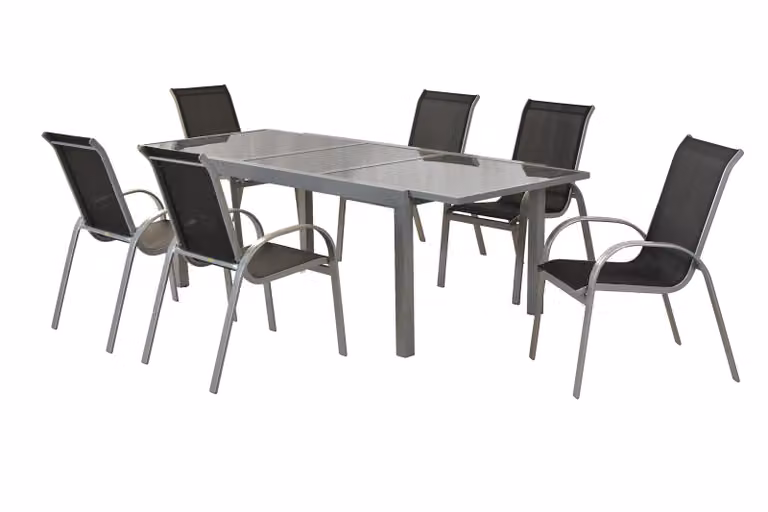 Set di mobili da giardino Merxx Amalfi nero 7 pezzi, 6 sedie impilabili, 1 tavolo allungabile 140 (200) x 90 cm - alluminio/tessuto