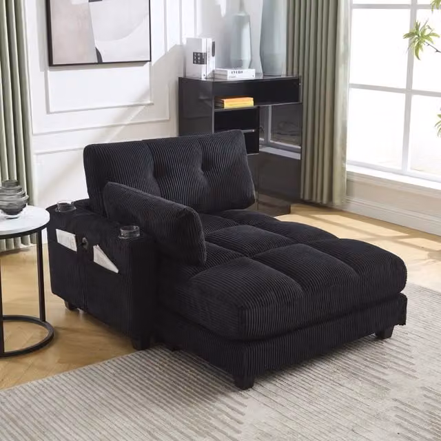 Poltrona relax con poggiatesta regolabile prese USB due portabevande e tasche laterali in velluto a coste nero