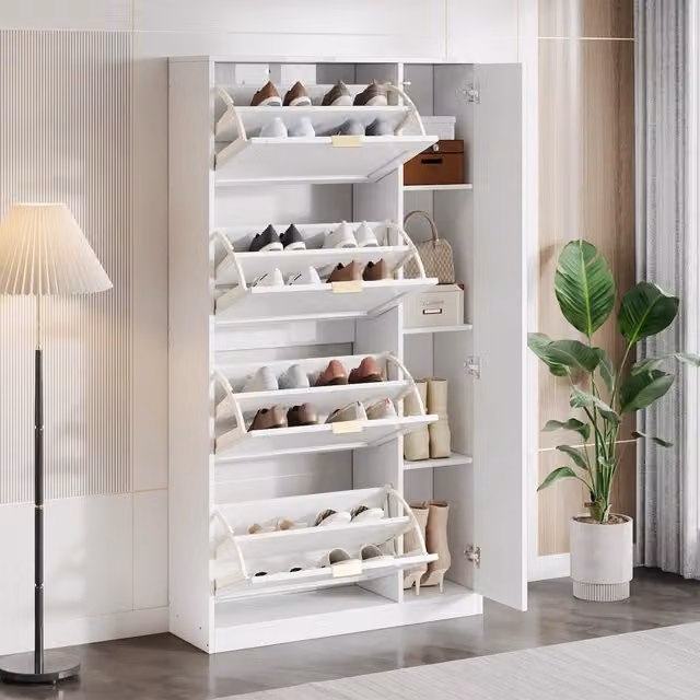Scarpiera moderna REDOM con specchio su anta, colore bianco opaco, L: 80 cm, P: 24 cm, H: 147 cm