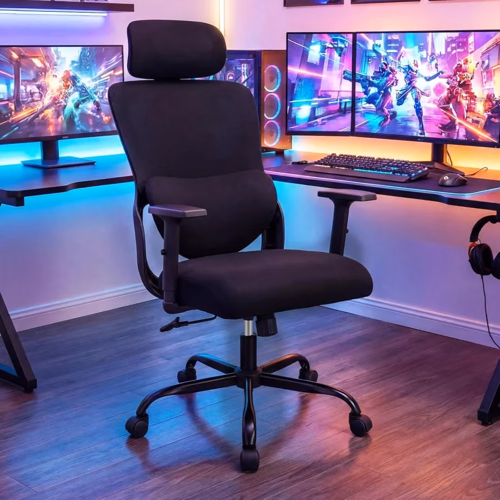 Sedia da Ufficio Ergonomica Costway Nera con Poggiatesta e Braccioli, Sedia da Scrivania Girevole Regolabile in Tessuto per Casa e Studio – 2