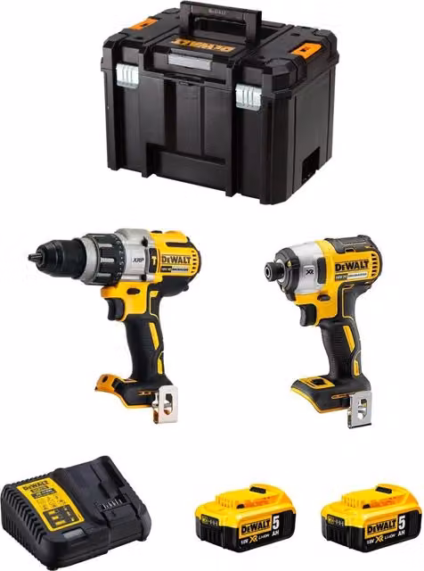 Kit DeWALT DWK224 con trapano DCD996, avvitatore DCF887, 2 batterie da 5,0 Ah, caricabatterie DCB115 e sistema di trasporto TSTAK VI, Giallo