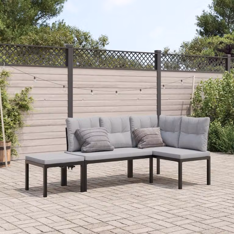 Set di Panche da Giardino e Terrazzo vidaXL con 3 Cuscini in Tessuto, Acciaio Verniciato Nero e Grigio, Design Moderno