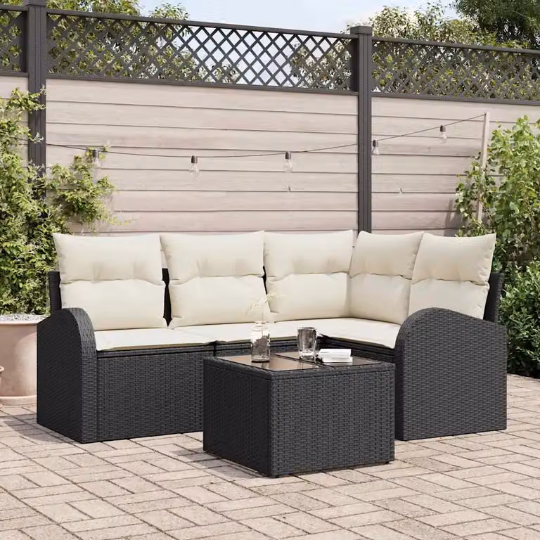 Set Divano da Giardino vidaXL 5 Pezzi a Forma di L con Cuscini Nero e Bianco in Polyrattan e Metallo
