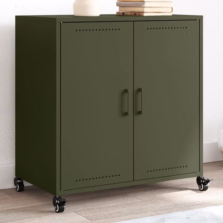 Credenza moderna vidaXL in metallo verde oliva con ruote L: 68 cm, P: 39 cm, H: 72 cm