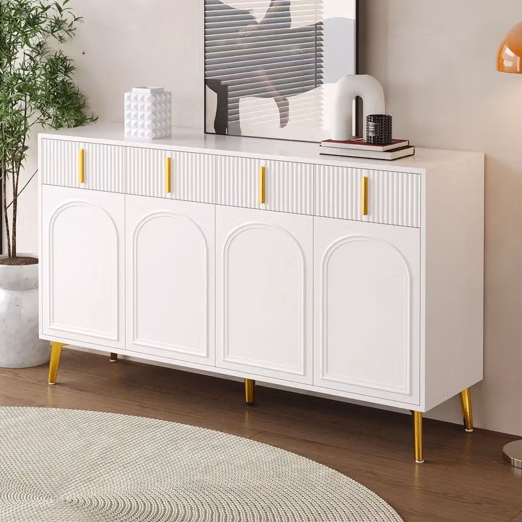 Credenza e madia moderna in MDF bianco con 4 ante, 4 cassetti e ripiani regolabili per soggiorno e sala da pranzo, L: 140 cm, P: 37.8 cm, H: 82 cm – 2