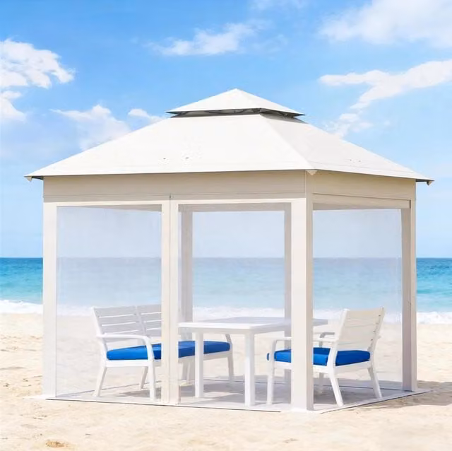 Gazebo pieghevole ULEVR 3x3 m beige con doppio tetto ventilato, zanzariere laterali e altezza regolabile