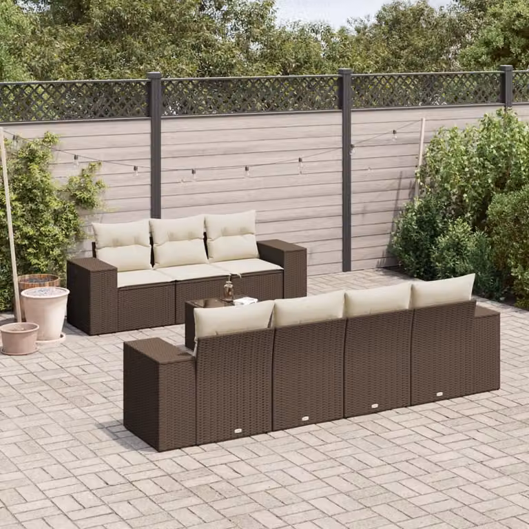 vidaXL Set Divani da Giardino a L 8 pz in Polyrattan Marrone e Bianco con Cuscini e Tavolino da Caffè