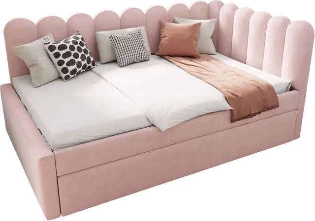 Letto imbottito 140x200 cm con letto estraibile a rotelle; velluto rosa