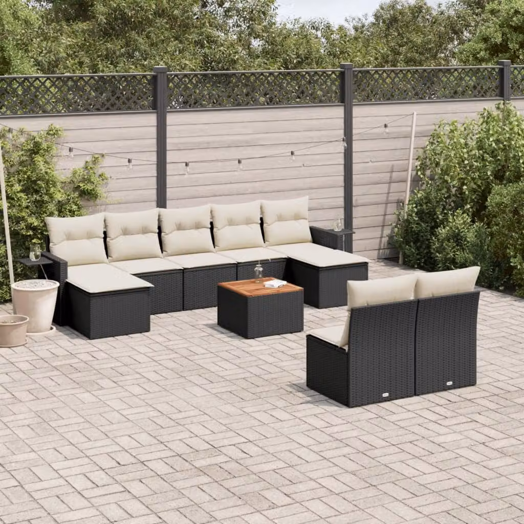 vidaXL Set Divani da Giardino 10pz in Polyrattan Nero con Cuscini e Tavolino da Esterno – 1
