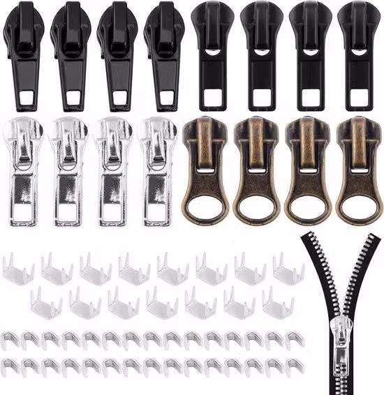 Set per la riparazione delle cerniere per abbigliamento e accessori - 57 pezzi - Cerniera in metallo - Cacciavite - Chiusura di ricambio