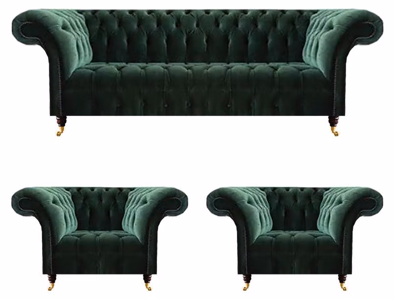 Dunkelgrüne Chesterfield Sessel Wohnzimmer Dreisitzer Luxus Couch 3tlg
