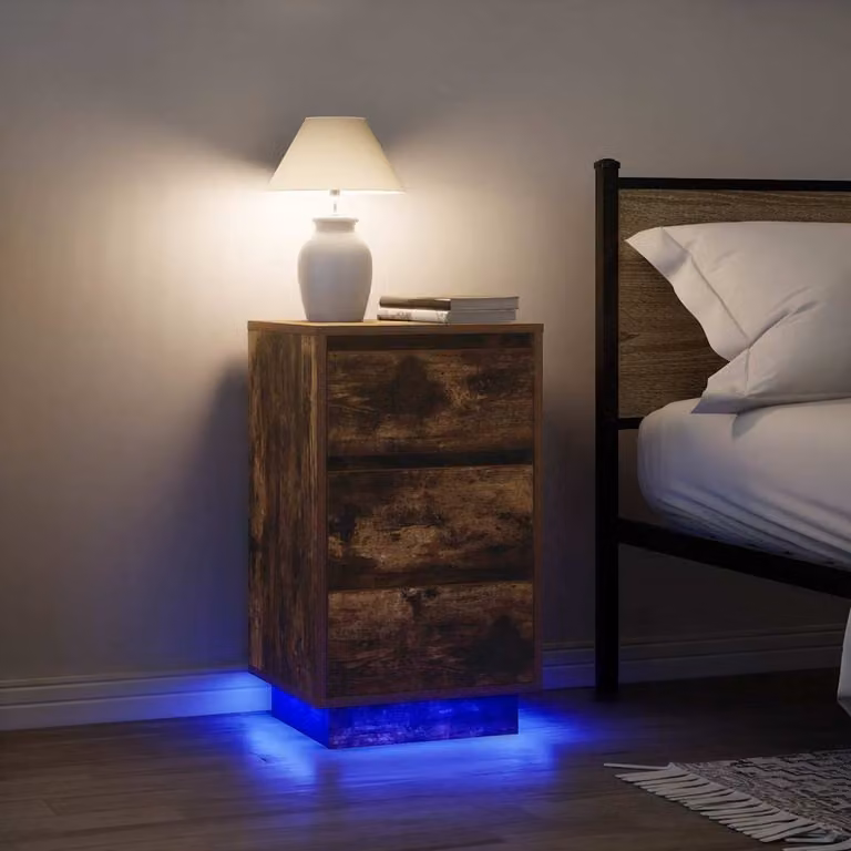Comodino vidaXL con Luci LED in Rovere Fumo, L 38 cm x P 34 cm x H 65 cm