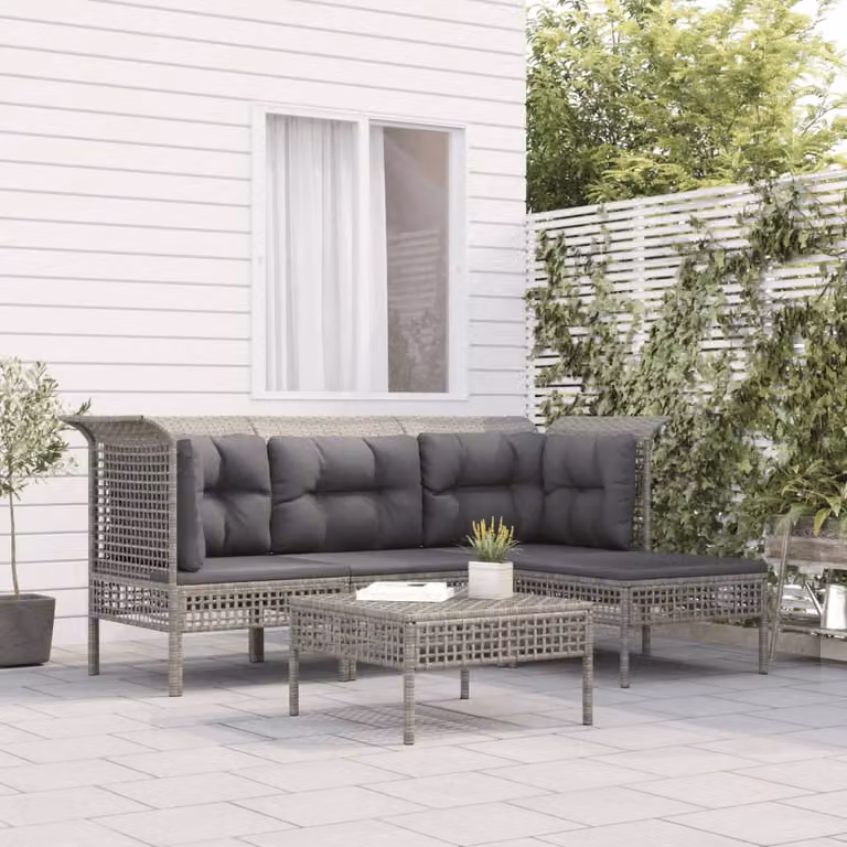 Set Divani da Giardino vidaXL 5 pz a Forma a L con Cuscini in Polyrattan e Acciaio Grigio