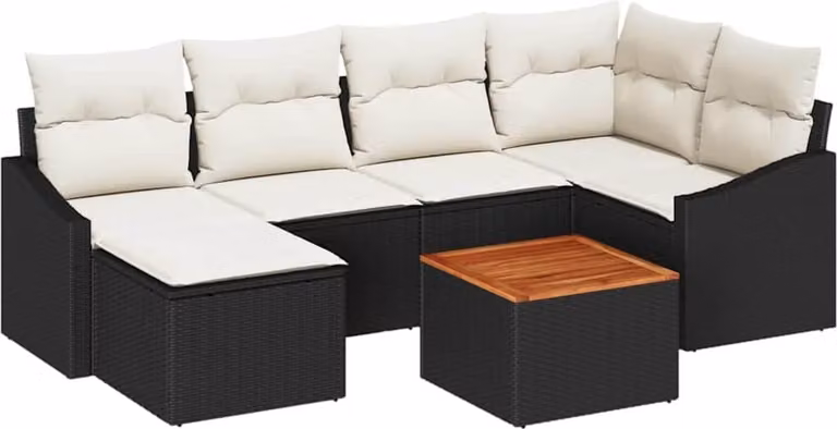 Set Divano da Giardino 7 pcs Nero e Crema polyrattan