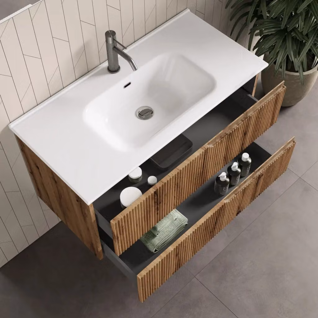 Composizione mobile bagno Venere AQA DESIGN 4 pezzi colore quercia L: 121 cm, P: 46,5 cm, H: 190 cm – 2