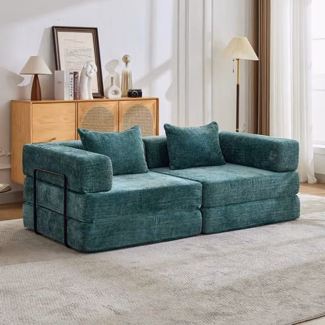 Divano letto pieghevole modulare in ciniglia verde scuro