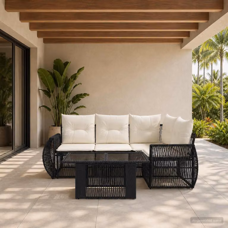 Set Divano da Giardino vidaXL 5 Pezzi in Polyrattan Moderno con Cuscini Nero e Bianco Crema