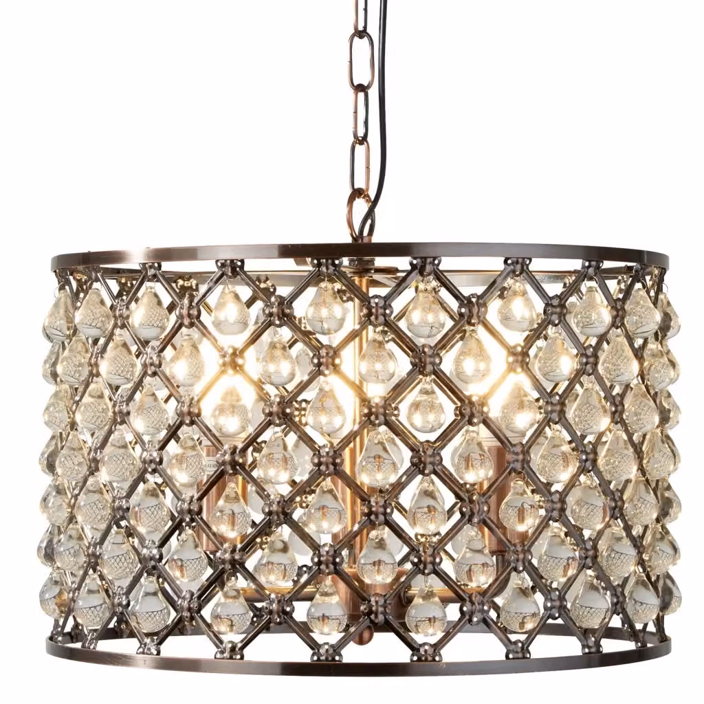 Lampadario a sospensione SEARCHLIGHT in metallo e vetro rame e argento con 3 luci E14, Diametro: 38 cm – 2
