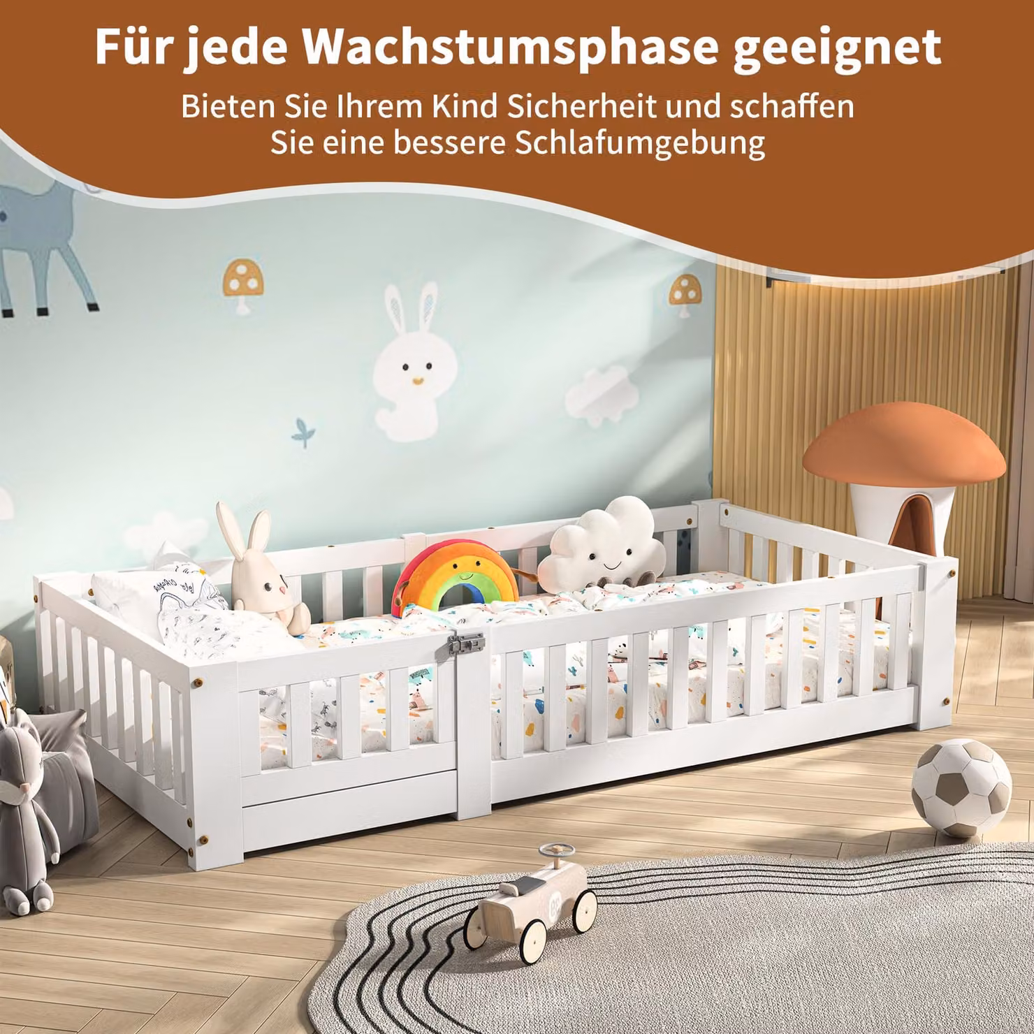 Lettino UnboxG bianco 90x190 cm con sponde perimetrali e barriera di sicurezza: un posto sicuro dove dormire per i bambini piccoli, con telaio in legno robusto e rete a doghe integrata.