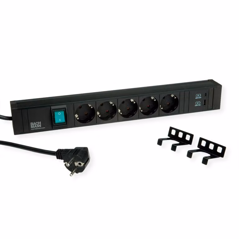 Bachmann CONNECT LINE - Presa multipla - Connessioni di uscita: 5 (USB, USB-C, 5 x alimentazione di tipo F) - Cavo da 2 m - Nero