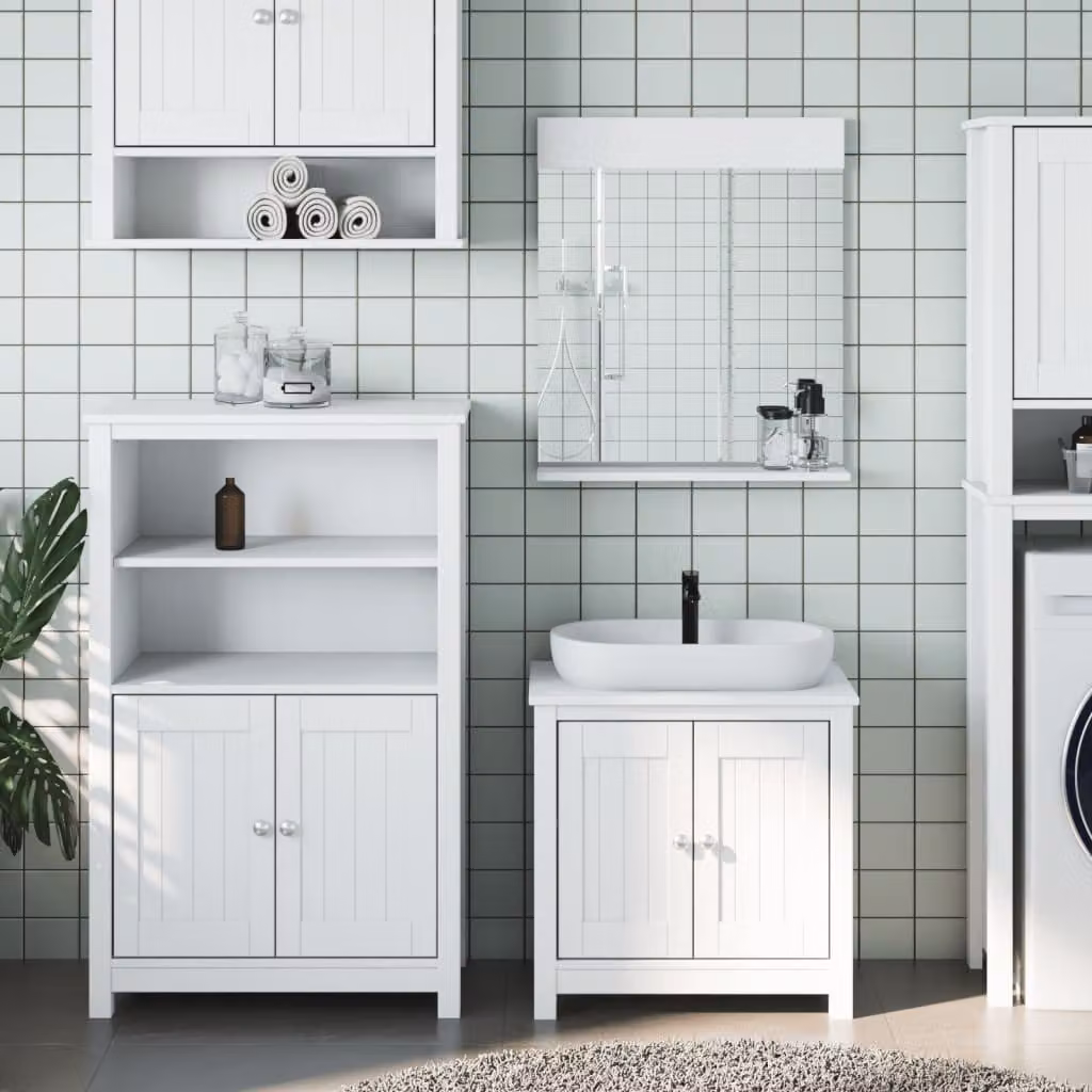 Set di mobili da bagno vidaXL BERG 3 pezzi in legno di pino bianco lacquered con mobile lavabo, mobileto laterale e specchiera a parete – 1