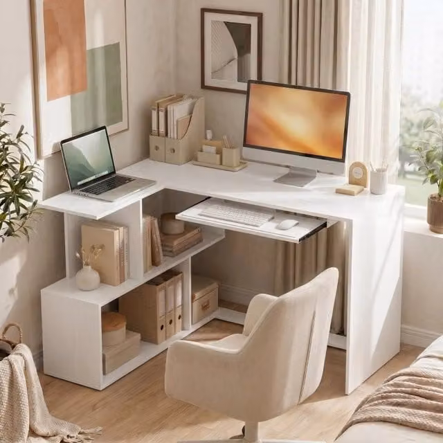Scrivania angolare a L WISHDOR bianca con finitura opaca in legno e MDF per home office