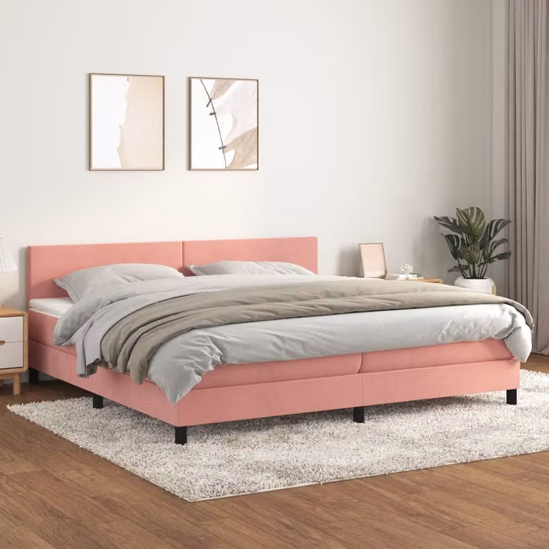 vidaXL Letto Ibrido con Giroletto a Molle e Materasso in Velluto Rosa e Bianco L/P/H: 200 x 200 x 203 cm