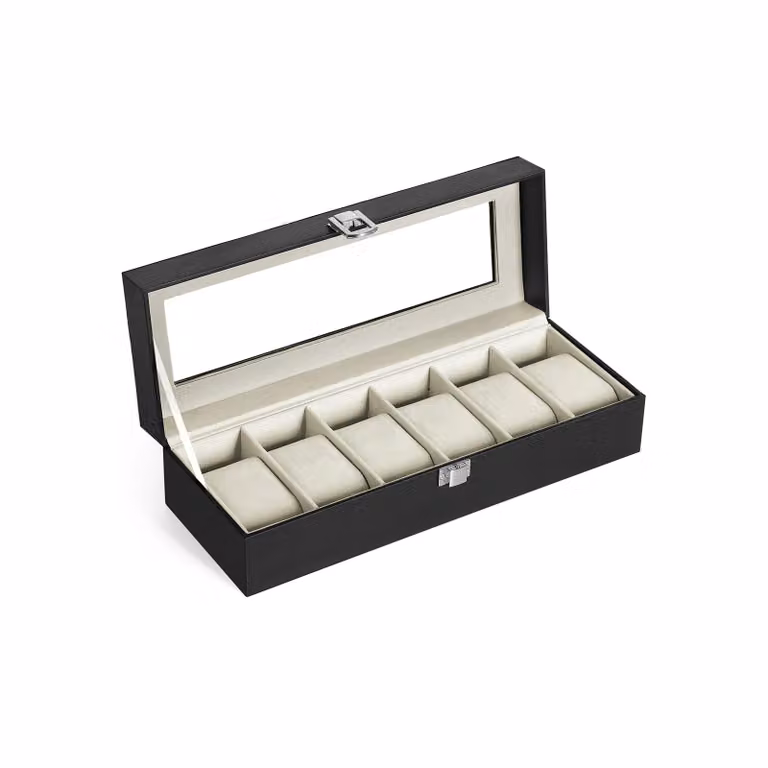 Portaorologi con 6 Scomparti in Velluto, Superficie in PU Nera + Interno Verde-beige