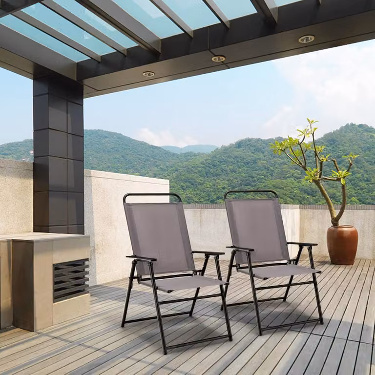 Set di 2 sedie pieghevoli da esterno Costway in acciaio e textilene grigio con braccioli per giardino e patio