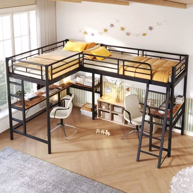 Letto a soppalco 90 × 200 cm con scrivania e scala doppia, per bambini dai 6 anni, senza materasso, nero