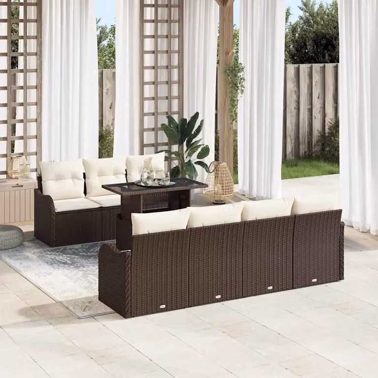 Set Divano da Giardino vidaXL 8 Pezzi a Forma di L con Tavolino, Colore Marrone e Beige, Struttura in Acciaio e Cuscini Inclusi