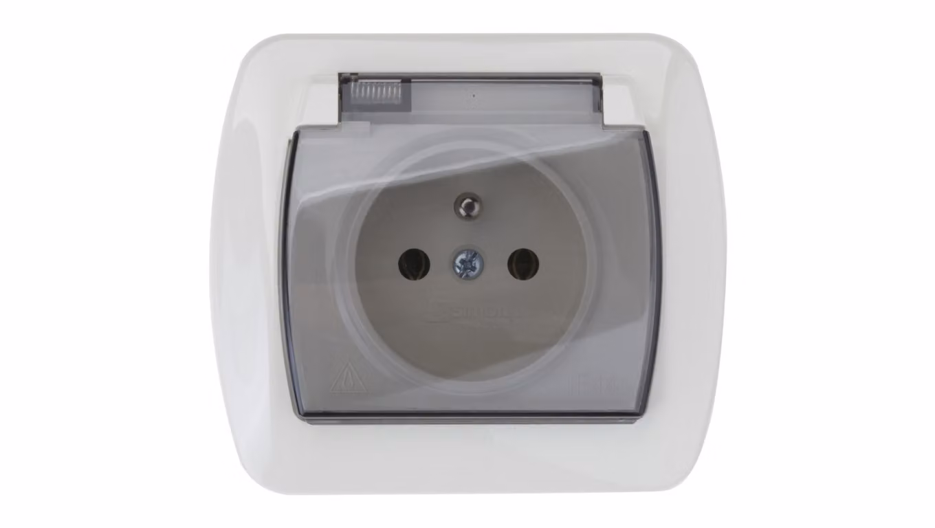 Simon Akord Presa di corrente antispruzzo c/u IP44 con sportello fumogeno beige AGZ1Be/12a