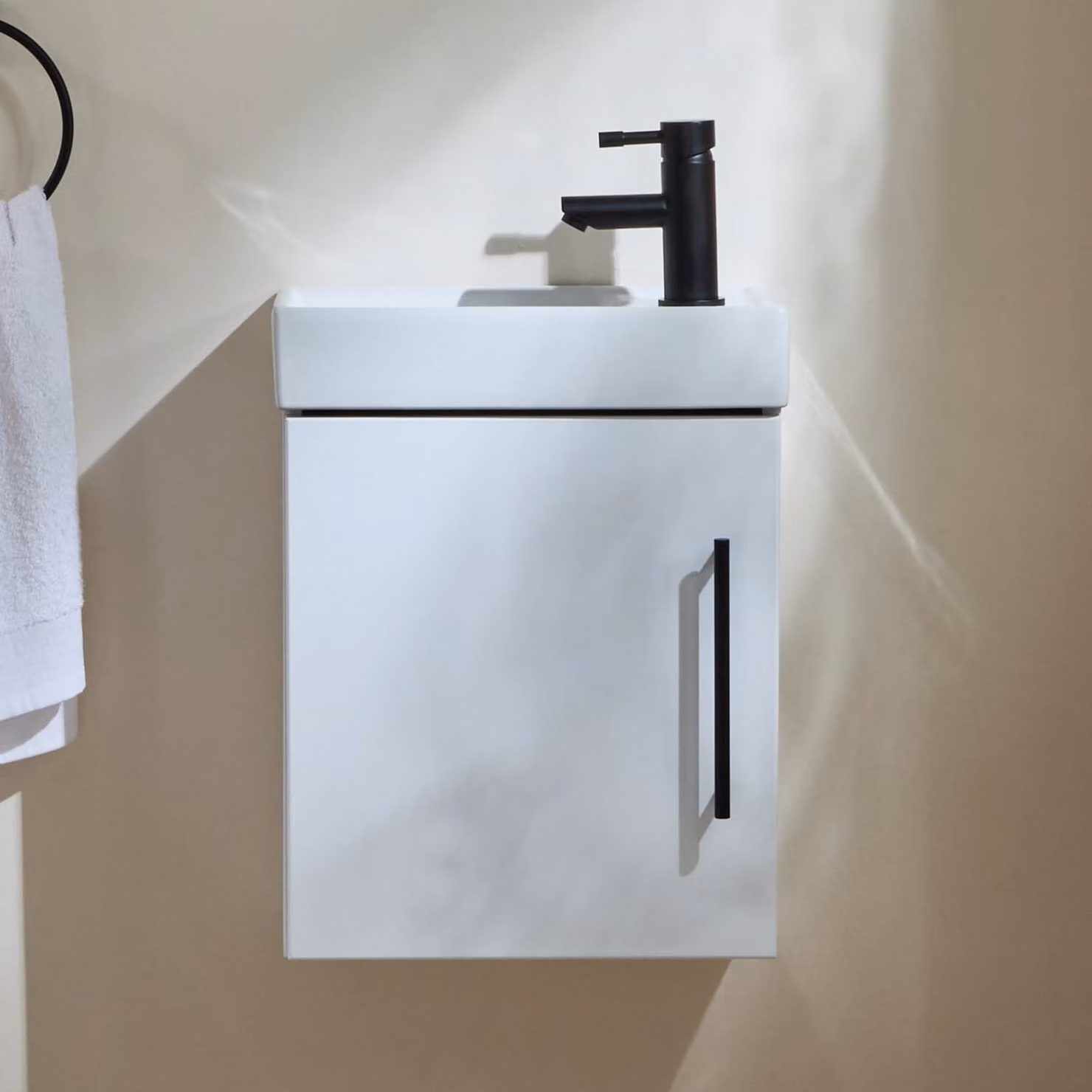 Mobile Bagno Bianco Sospeso da 400mm con Lavabo e Maniglia con Barra a T Nera - Cluo
