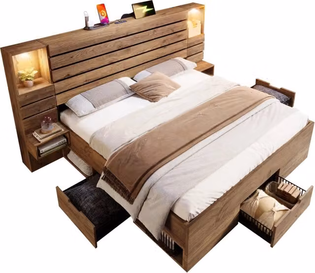 Letto matrimoniale 180x200 con downlights LED， prese USB e Type-C， nicchia illuminata， comodini sospesi e 3 cassetti， finitura legno chiaro， senza materasso