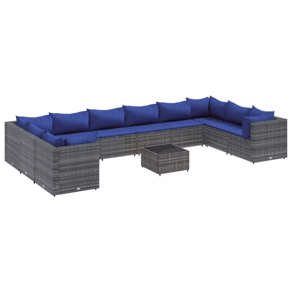 Set da giardino vidaXL composto da 11 pezzi con divani a L, tavolino da caffè e cuscini in polyrattan grigio e blu con struttura in acciaio verniciato a polvere – 2