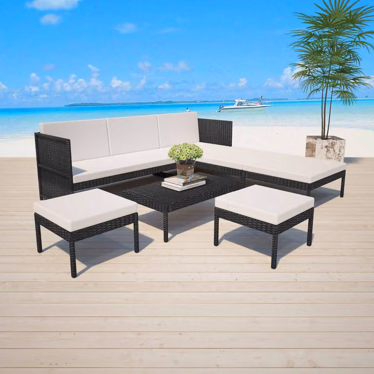 The Living Store Set da giardino da 6 pezzi con cuscini in poly rattan nero