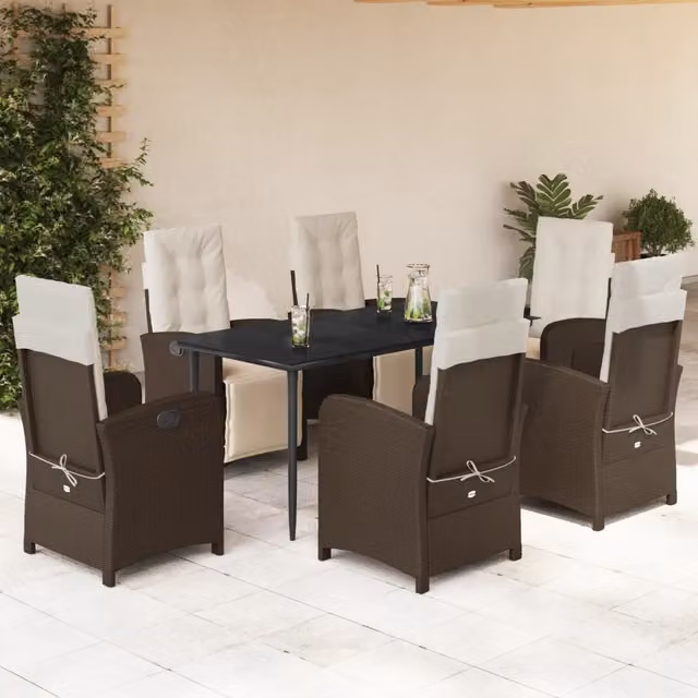Set da Pranzo da Giardino 7pz con Cuscini in Polyrattan Marrone