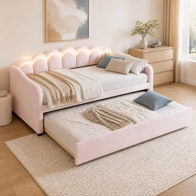 Letto giorno singolo 90x200cm in velluto rosa con letto estraibile e luci LED regolabili