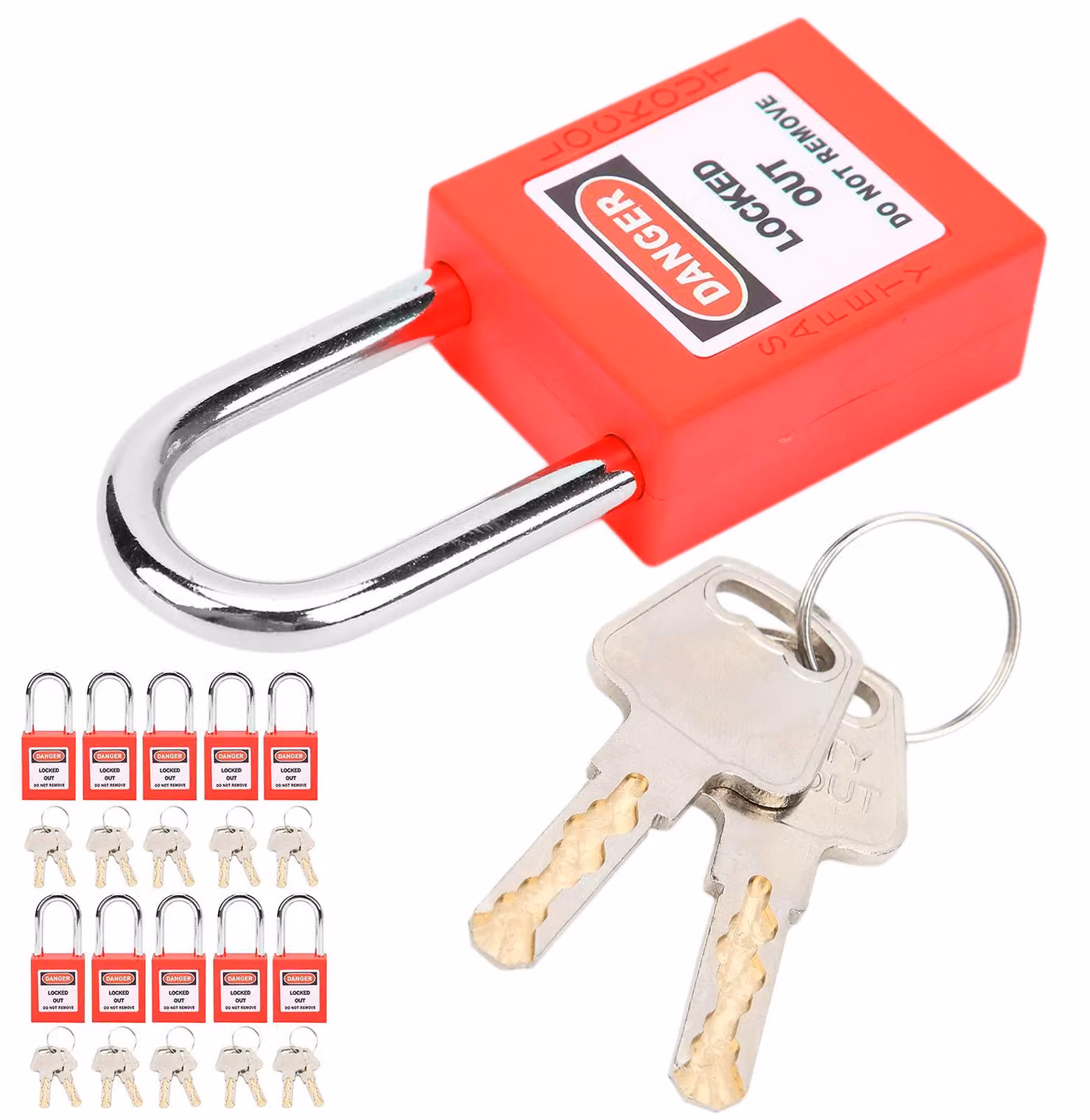Set di 10 lucchetti in nylon, colore rosso, conformi agli standard OSHA
