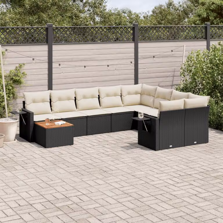 Set di divani da giardino vidaXL in polyrattan nero con cuscini e tavolino da esterno