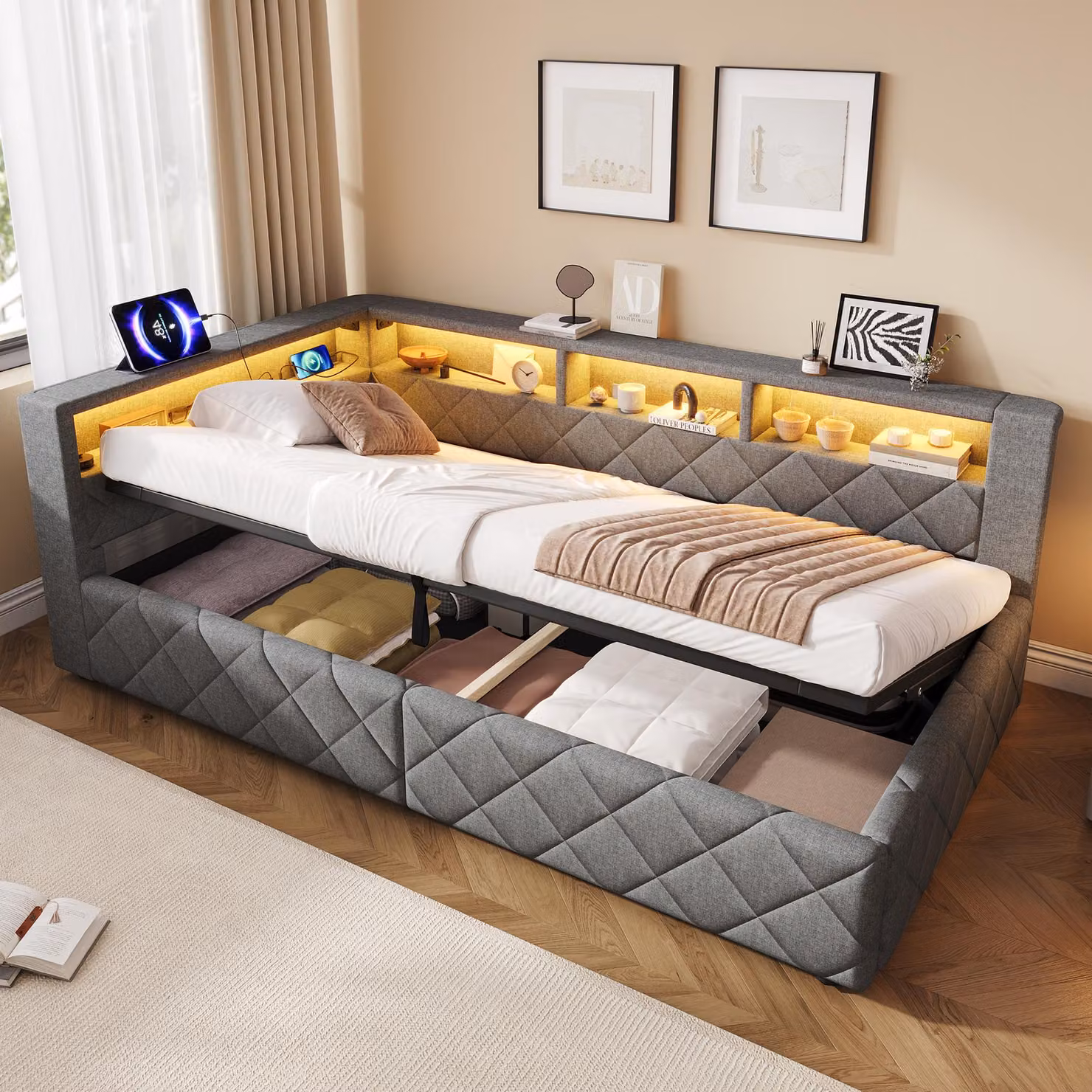 Divano letto Flieks 90x200 cm con porta USB e rivestimento in ecopelle, letto imbottito singolo con spazio contenitore, divano letto giornaliero con sistema idraulico e vani a giorno, colore: lino, grigio