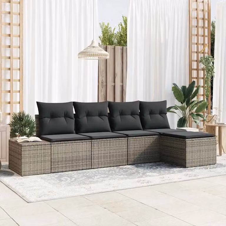 Set Divano da Giardino a L vidaXL in Polyrattan Grigio con Cuscini e Pouf
